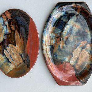 Vintage Art Pottery Signed Ceramics Oval Dishes Abstract MCM Set of 2 like new
